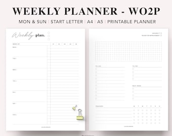 Weekly Planner Printable, Weekly Schedule, Weekly To-Do List, task list, Habit Tracker, Week on 2 Pages, Filofax A5, Letter, A4, A5