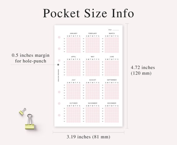 POCKET Calendar Printable Undated, Yearly Calendar, Annual POCKET Calendar Printable Undated, Yearly Calendar, Annual