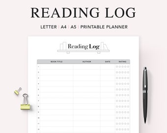Puede incluir: Un registro de lectura imprimible con un gráfico de estantería y espacio para registrar títulos de libros, autores, fechas y calificaciones. La sección de calificación tiene cinco estrellas para cada entrada.
