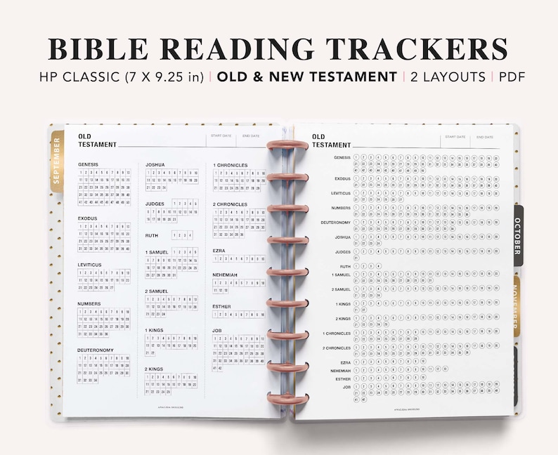 May include: A printable Bible reading tracker for the Old Testament. The tracker is designed for a Happy Planner Classic size, which is 7 inches by 9.25 inches. The tracker includes a calendar for September and October, with a list of books of the Old Testament to read each day.