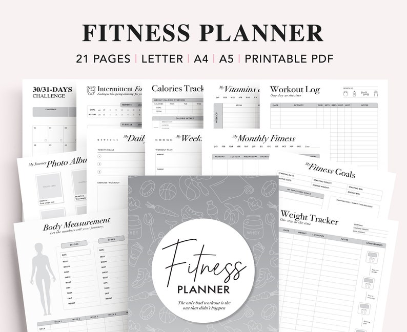 Fitness Journal Printable, Workout Log, Weight Loss Journal, Meal Planner, Calorie & Walking tracker, Health Planner, PDF Instant Download image 1