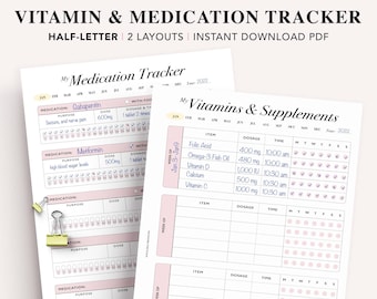 Half Letter Medication & Vitamin Tracker: Printable Health Log (PDF)