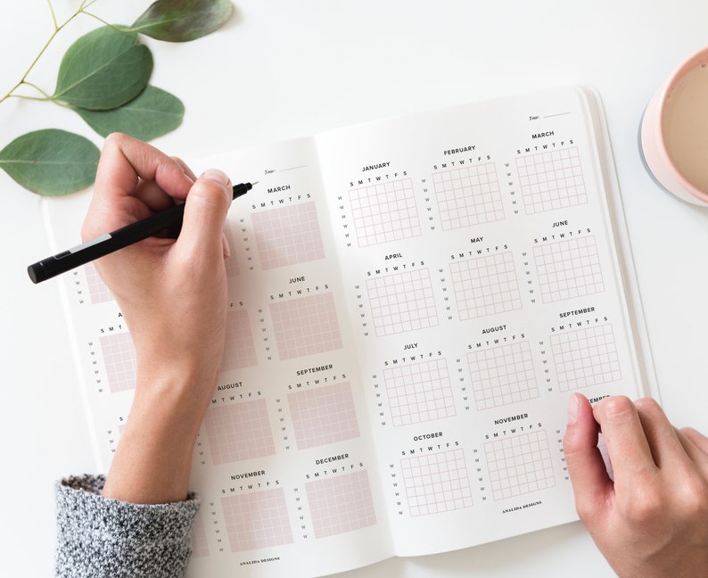 Puede incluir: Una agenda blanca con un dise&ntilde;o de cuadr&iacute;cula para cada mes del a&ntilde;o. La agenda est&aacute; abierta en las p&aacute;ginas de enero a junio. Una persona est&aacute; escribiendo en la secci&oacute;n de marzo con un bol&iacute;grafo negro.