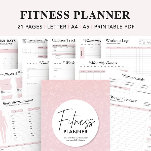 Fitness Planner Printable, Weight Loss Tracker, Workout Planner, Goal Planner, Food Journal, Meal Planner, PDF Instant Download, A5 Inserts