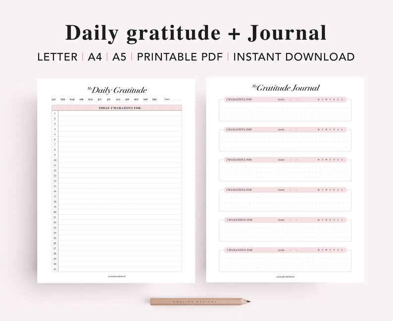 Pode incluir: Di&aacute;rio de gratid&atilde;o di&aacute;rio imprim&iacute;vel com duas p&aacute;ginas. A p&aacute;gina da esquerda tem uma se&ccedil;&atilde;o intitulada "My Daily Gratitude" com o texto "Today I'm grateful for" e 34 linhas para escrever. A p&aacute;gina da direita tem uma se&ccedil;&atilde;o intitulada "My Gratitude Journal" com cinco se&ccedil;&otilde;es para escrever com o texto "I'm grateful for", "Date" e "Notes".