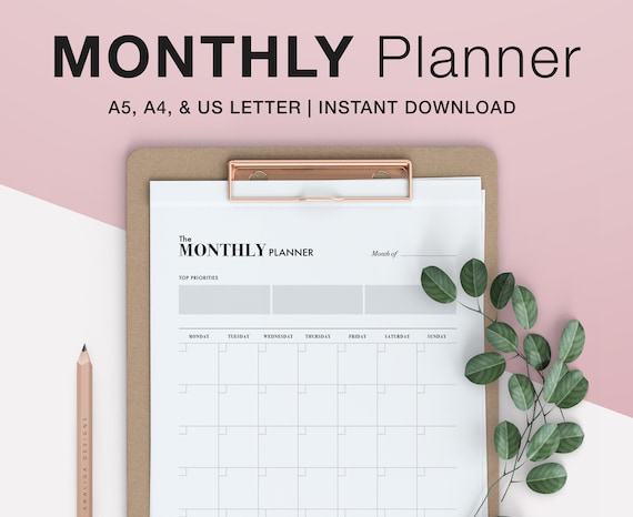 Undated Monthly Planner Printable: Minimalist Calendar Inserts (Digital Download)