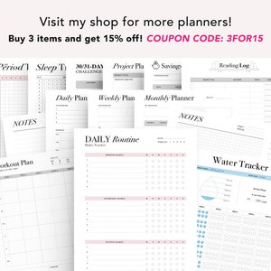 Puede incluir: Un conjunto de p&aacute;ginas de planificador imprimibles con t&iacute;tulos como "Periodo", "Seguimiento del sue&ntilde;o", "Desaf&iacute;o de 30/31 d&iacute;as", "Plan de proyecto", "Ahorros", "Plan diario", "Plan semanal", "Planificador mensual", "Notas", "Rutina diaria", "Plan de entrenamiento", "Registro de lectura" y "Seguimiento del agua".