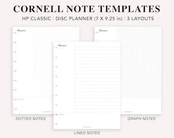 Peut inclure: Trois modèles de notes Cornell pour un planificateur à disques. Les modèles mesurent 17,8 cm sur 23,5 cm et comprennent du papier pointillé, ligné et quadrillé.