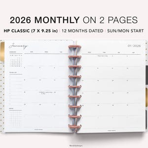 May include: Open planner with a monthly layout for 2026. The planner is labeled "2026 MONTHLY ON 2 PAGES" and "HP CLASSIC (7 X 9.25 in)". The pages are white with a calendar grid, to-do list, and notes section. The binding is rose gold.