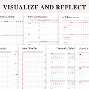 May include: A printable planner with pages for tracking routines, self-care, mood, periods, monthly habits, and favorite quotes. The pages are designed with a minimalist aesthetic and feature a pink and white color scheme.
