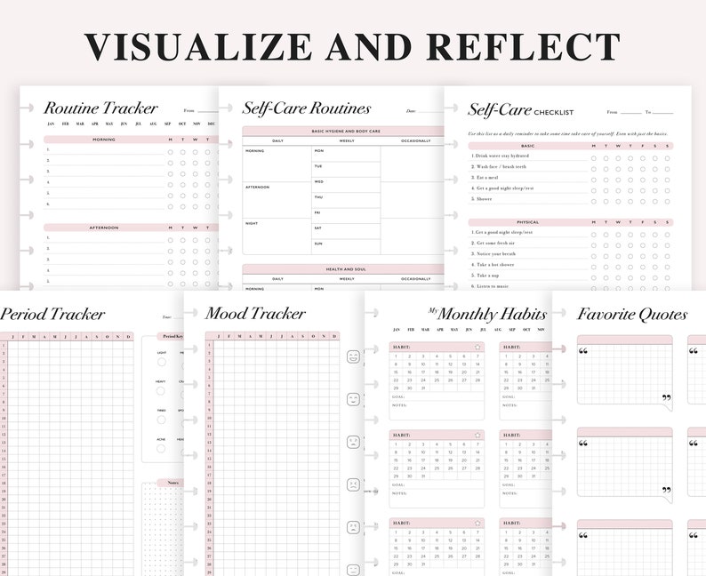 May include: A printable planner with pages for tracking routines, self-care, mood, periods, monthly habits, and favorite quotes. The pages are designed with a minimalist aesthetic and feature a pink and white color scheme.