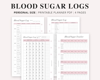 May include: Printable blood sugar log planner with four pages. The planner includes a weekly tracker and a daily log with space to record blood sugar levels before and after meals. The planner is designed in a pink and white color scheme.