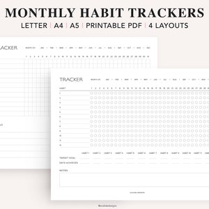 May include: Printable monthly habit tracker in black and white with a grid layout. The tracker has 12 rows for habits and 31 columns for days of the month. The tracker also includes sections for goals, target goal, days achieved, and notes.