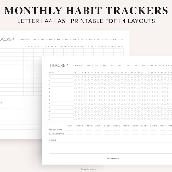 Rastreador de hábitos mensual, Rastreador de hábitos imprimible, Rastreador de hábitos de 30 días, Planificador de hábitos, Lista de verificación de objetivos/tareas/rutinas, Inserto de planificador A5, PDF