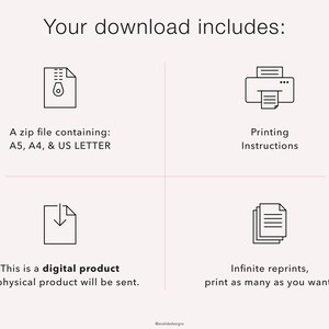 May include: A digital product download graphic with the text "Your download includes:" and four sections. The sections include a zip file with A5, A4, and US Letter sizes, printing instructions, a digital product notice, and infinite reprints.