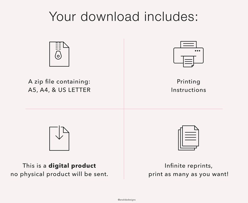 May include: A digital product download graphic with the text "Your download includes:" and four sections. The sections include a zip file with A5, A4, and US Letter sizes, printing instructions, a digital product notice, and infinite reprints.