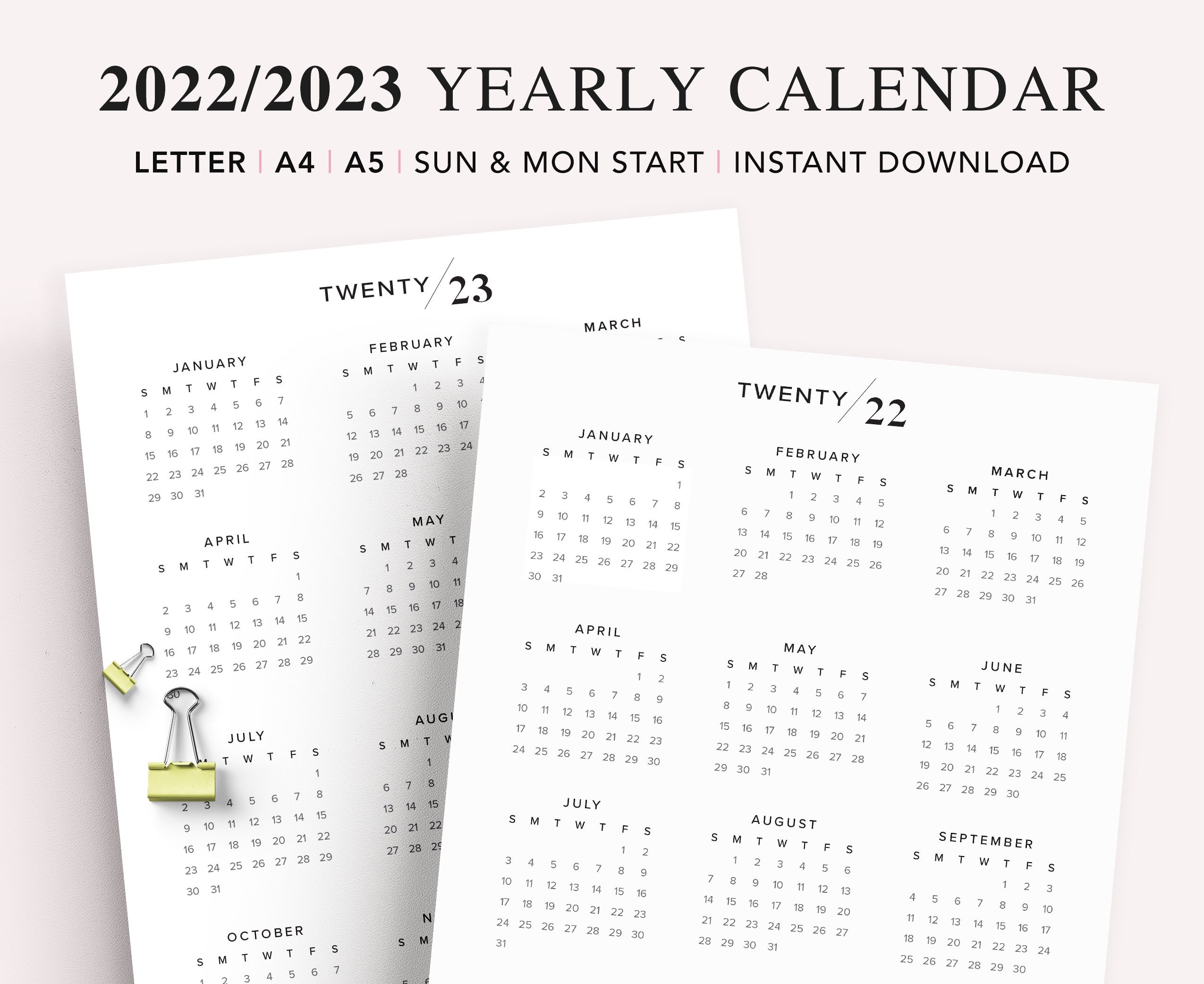 2022 2023 printable calendar 2022 yearly calendar year at a etsy