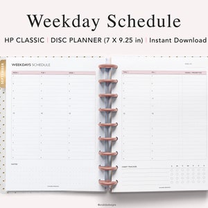 May include: A printable planner page for a 7 by 9.25 inch disc planner. The page is titled "Weekdays Schedule" and includes sections for Monday, Tuesday, Wednesday, Thursday, Friday, Saturday, and Sunday. There is also a section for notes, a habit tracker, and a section for tasks and priorities.