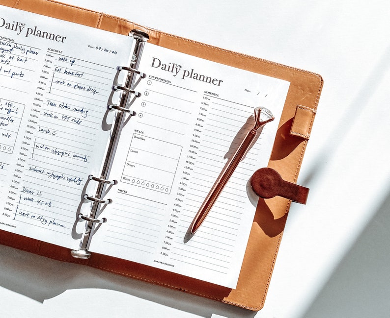 May include: A brown leather bound daily planner with a silver ring binder. The planner is open to a page with a schedule for the day, with handwritten notes. A rose gold pen with a diamond-shaped top is resting on the page.