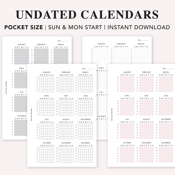 POCKET Calendar Printable Undated, Yearly Calendar, Annual Calendar, Yearly Overview, Minimalist Calendar, One Page Calendar, Filofax Pocket