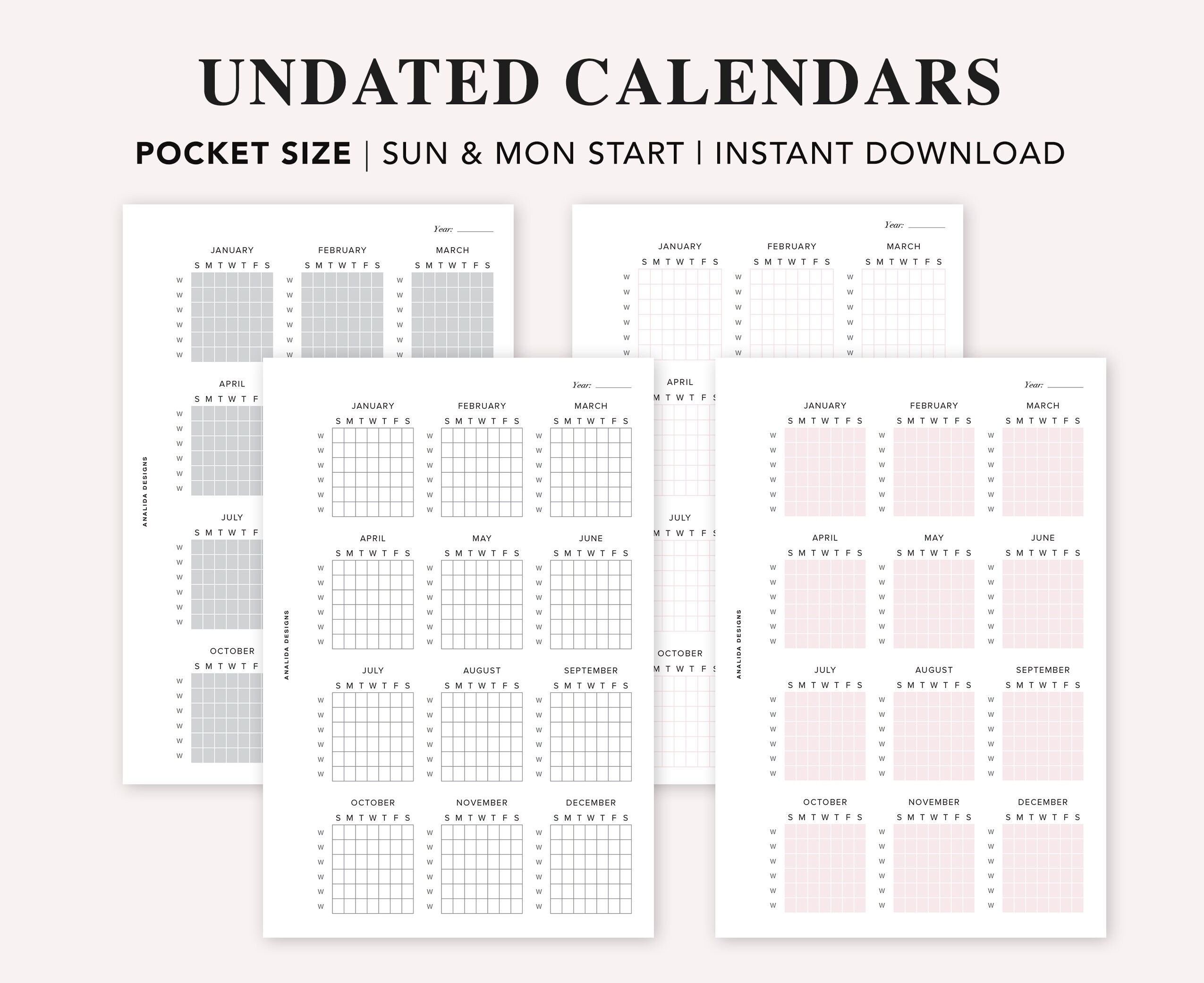 Pocket calendar printable undated yearly calendar annual etsy