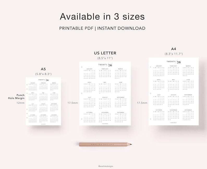 May include: Printable calendar in three sizes: A4 (8.3 x 11.7 inches), US Letter (8.5 x 11 inches), and A5 (5.8 x 8.3 inches). Each calendar features the year "TWENTY 26" and includes months from January to December.