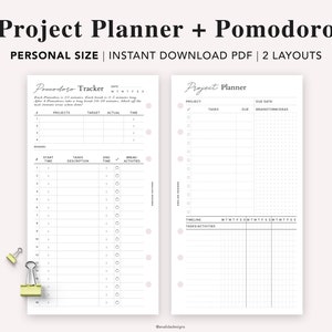 Könnte beinhalten: Ein druckbarer Projektplaner und Pomodoro-Tracker in Schwarzweiß. Der Planer enthält Abschnitte für Projekte, Aufgaben, Zeitpläne und Brainstorming-Ideen. Der Pomodoro-Tracker enthält Abschnitte für Projekte, Zielzeit, tatsächliche Zeit, Startzeit, Endzeit und Pausentätigkeiten.