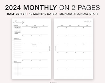 HALF LETTER 2024 Dated Monthly Calendar Printable Planner, Month on Two Pages, Monthly Calendar, Monthly Template, Sunday & Monday Start