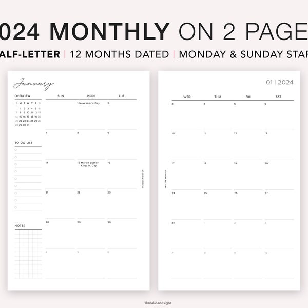 HALF LETTER 2024 Dated Monthly Calendar Printable Planner, Month on Two Pages, Monthly Calendar, Monthly Template, Sunday & Monday Start