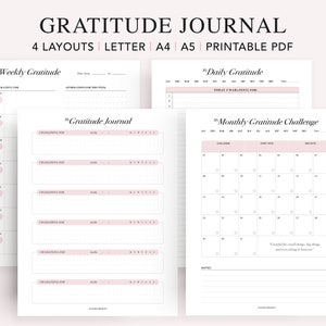 Pode incluir: P&aacute;ginas de di&aacute;rio de gratid&atilde;o imprim&iacute;veis em quatro layouts diferentes: semanal, di&aacute;rio, desafio mensal e um di&aacute;rio de gratid&atilde;o. As p&aacute;ginas s&atilde;o projetadas com um esquema de cores rosa e branco e incluem espa&ccedil;o para escrever.