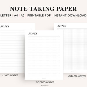 May include: Three printable note-taking paper templates: lined, dotted, and graph. Each page has the word "NOTES" at the top and the type of paper at the bottom.