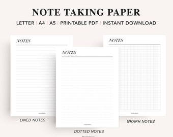 Note Paper Doted Grid Lined Square, Printable Writing Paper, Note Pages Template, Notes Taking, US, A4, A5 Planner Inserts, PDF Download