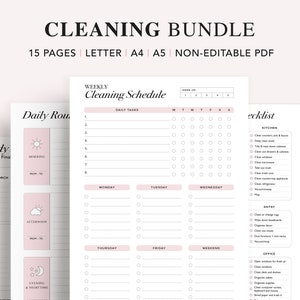 May include: A printable cleaning schedule with a pink and white color scheme. The schedule includes daily tasks, a weekly calendar, and a checklist for kitchen, entryway, and office cleaning.