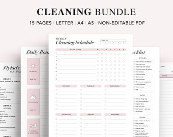 May include: A printable cleaning schedule with a pink and white colour scheme. The schedule includes daily tasks, a weekly calendar, and a checklist for kitchen, entryway, and office cleaning.