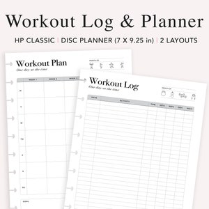Könnte beinhalten: Weißes Workout-Logbuch und -Planer mit dem Text "Workout Log & Planner". Der Planer ist ein Disc-Planer mit zwei Layouts. Die Abmessungen betragen 17,78 cm x 23,5 cm. Das Workout-Plan-Layout hat einen Wochenplan. Das Workout-Log-Layout hat Platz für Daten, Aktivität.