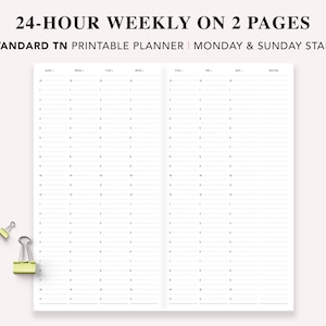 TN Standard Printable Insert, 24 Hour Weekly Schedule on 2 Page, Week At a Glance, Weekly Agenda, Standard Traveler's Notebook Insert, W02P