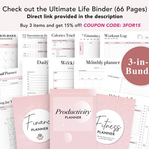 May include: A pink and white printable planner bundle with the text "3-in-1 Bundle" in a circle. The bundle includes a 30/31-day challenge, intermittent fasting tracker, calorie tracker, vitamins log, workout log, goal planner, saving jar tracker, daily planner, weekly planner, monthly planner, finance planner, productivity planner, and fitness planner.