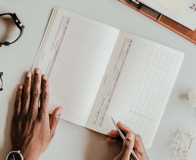 K&ouml;nnte beinhalten: Ein offenes Notizbuch mit einem rosa-wei&szlig;en Gittermuster. Das Notizbuch tr&auml;gt den Titel "Dream Big, Take Action".