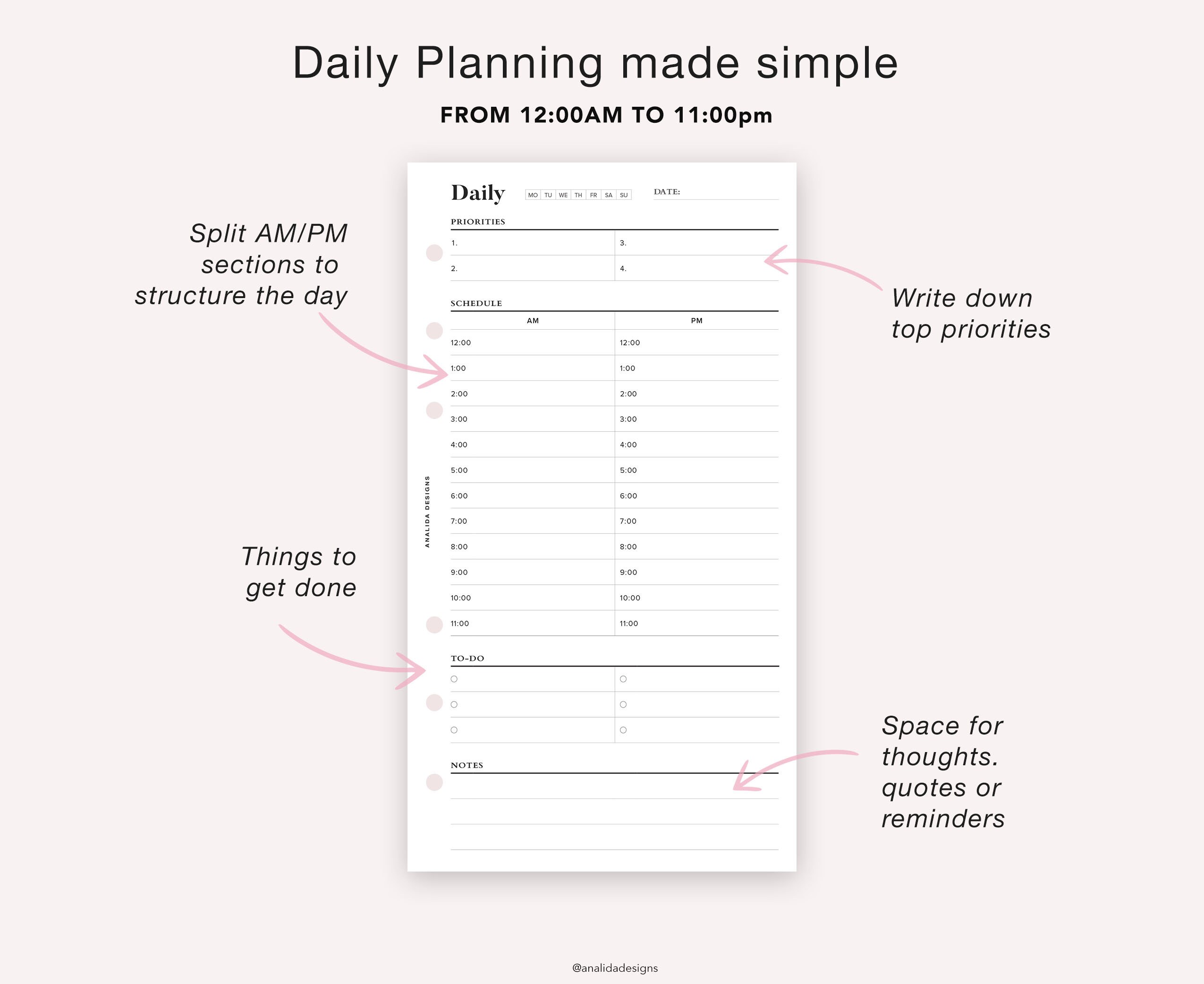 24 Hour Daily Planner Printable: Personal Size, Time Blocking (PDF) - Etsy