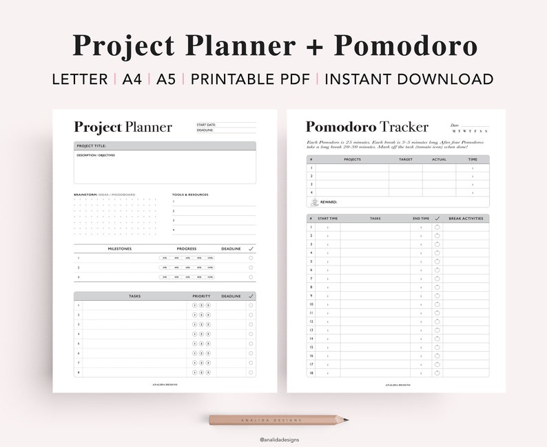 Productivity Planner Bundle Printable, Work Planner, Project Tracker, Life Organizer Template, To Do List, US Letter, A4, A5 planner inserts image 6