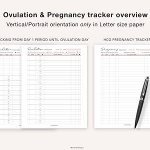 K&ouml;nnte beinhalten: Druckbare Ovulations- und Schwangerschafts-Tracker-Seiten. Die Seiten sind f&uuml;r Papier im Letter-Format konzipiert und beinhalten Abschnitte zur Verfolgung von LH-Werten, HCG-Werten und anderen wichtigen Informationen.