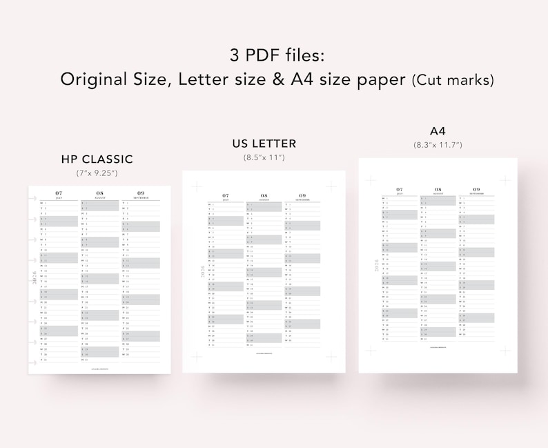 May include: Three PDF files: Original Size, Letter size, and A4 size paper. The image shows three different planner layouts: HP Classic (17.78cm x 23.5cm), US Letter (21.6cm x 27.9cm), and A4 (21cm x 29.7cm). Each layout features a yearly calendar.