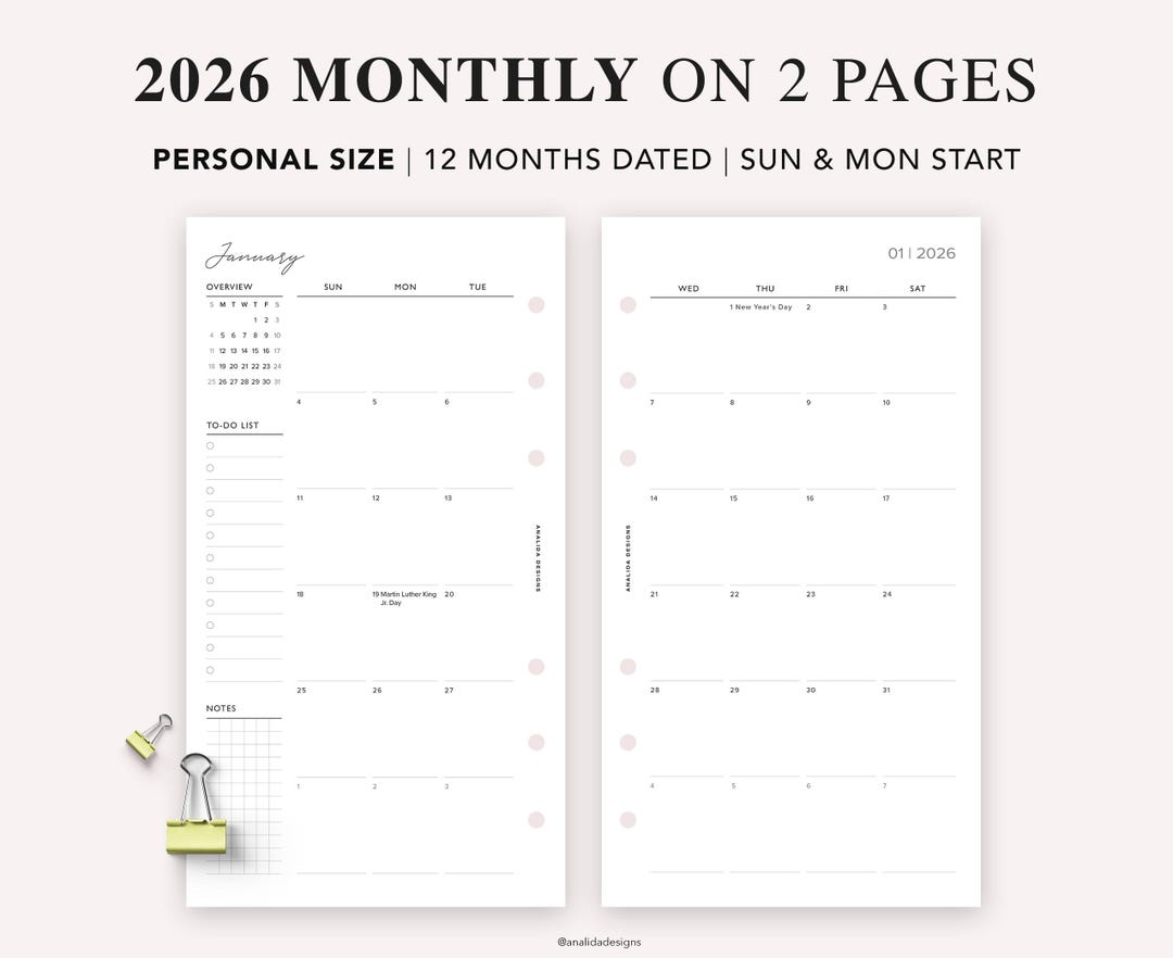 2026 Personal Planner Inserts: Dated Monthly Calendar MO2P, Filofax ...