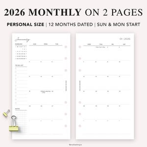 May include: A two-page spread of a 2026 monthly planner. The left page shows a calendar overview for January, a to-do list, and a notes section. The right page displays the calendar for the month. The text includes "2026 MONTHLY ON 2 PAGES" and "PERSONAL SIZE".