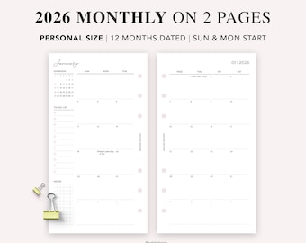 2026 Personal Planner Inserts: Dated Monthly Calendar MO2P, Filofax Personal (PDF Download)
