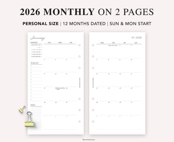 2026 Personal Planner Inserts: Dated Monthly Calendar MO2P, Filofax Personal (PDF Download)
