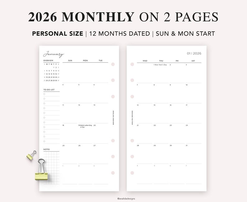 May include: A two-page spread of a 2026 monthly planner. The left page shows a calendar overview for January, a to-do list, and a notes section. The right page displays the calendar for the month. The text includes "2026 MONTHLY ON 2 PAGES" and "PERSONAL SIZE".