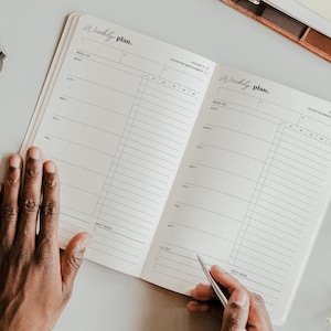 Op de afbeelding: Een open planner met twee pagina's met de titel "Wekelijkse planning." Elke pagina heeft een rooster voor planning met kolommen voor de dagen van de week en rijen voor tijdsloten. De planner heeft selectievakjes voor "Geklaard" en "Ruimte voor verbetering."
