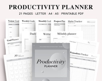 May include: A black and white productivity planner with 21 pages. The planner includes sections for vision goals, weekly goals, monthly goals, project plans, habit trackers, daily and weekly schedules, a monthly planner, a 30-day challenge, and a Pomodoro tracker.