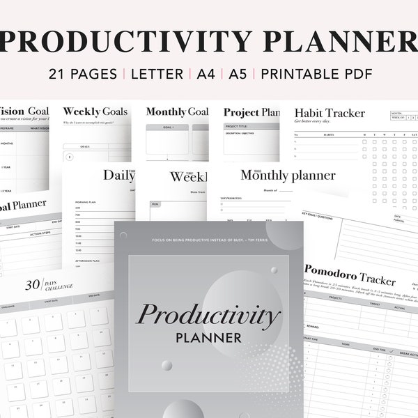 Productivity Planner Bundle Printable, Work Planner, Project Tracker, Life Organizer Template, To Do List, US Letter, A4, A5 planner inserts